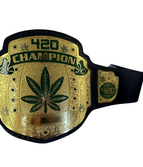 Close-up of 420 championship belt plates on the 420 Weed World Wrestling Championship Belt