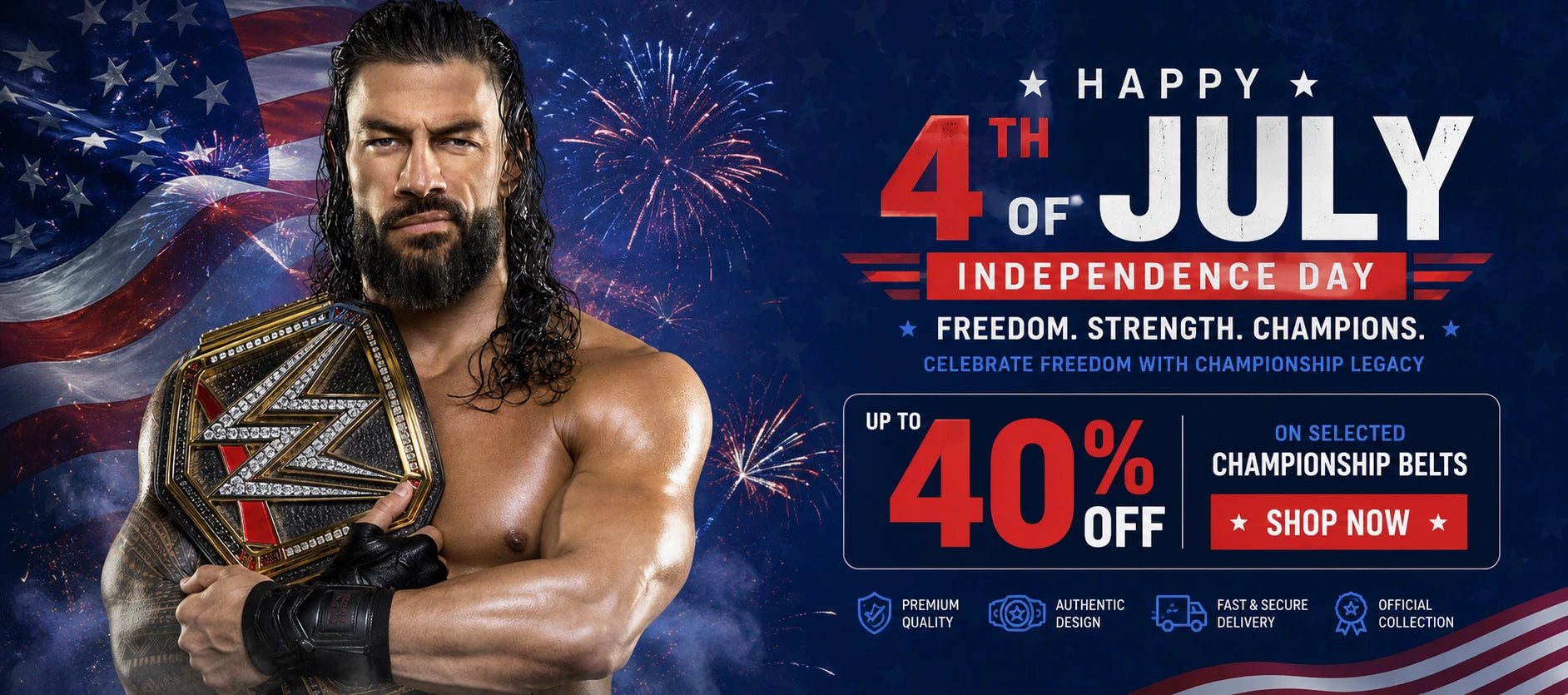 4th of July banner featuring a championship belt with up to 40% off selected championship belts.