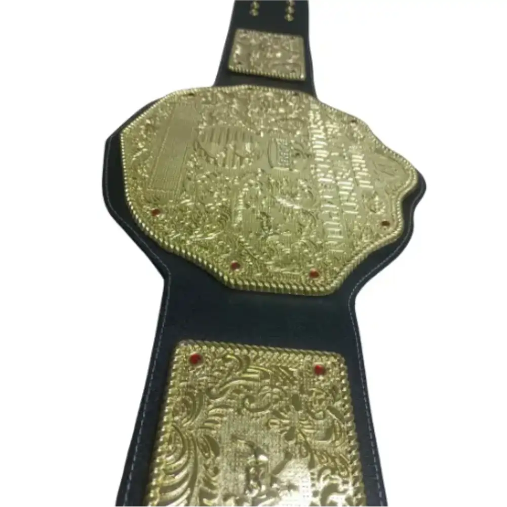 Full view of a gold-plated World Heavyweight Championship wrestling belt with black leather strap and side plates.