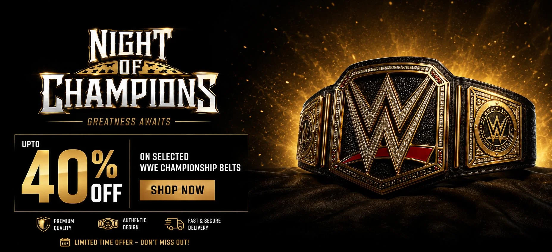Night of Champions promo banner with a gold official Championship belt, advertising up to 40% off selected belts.