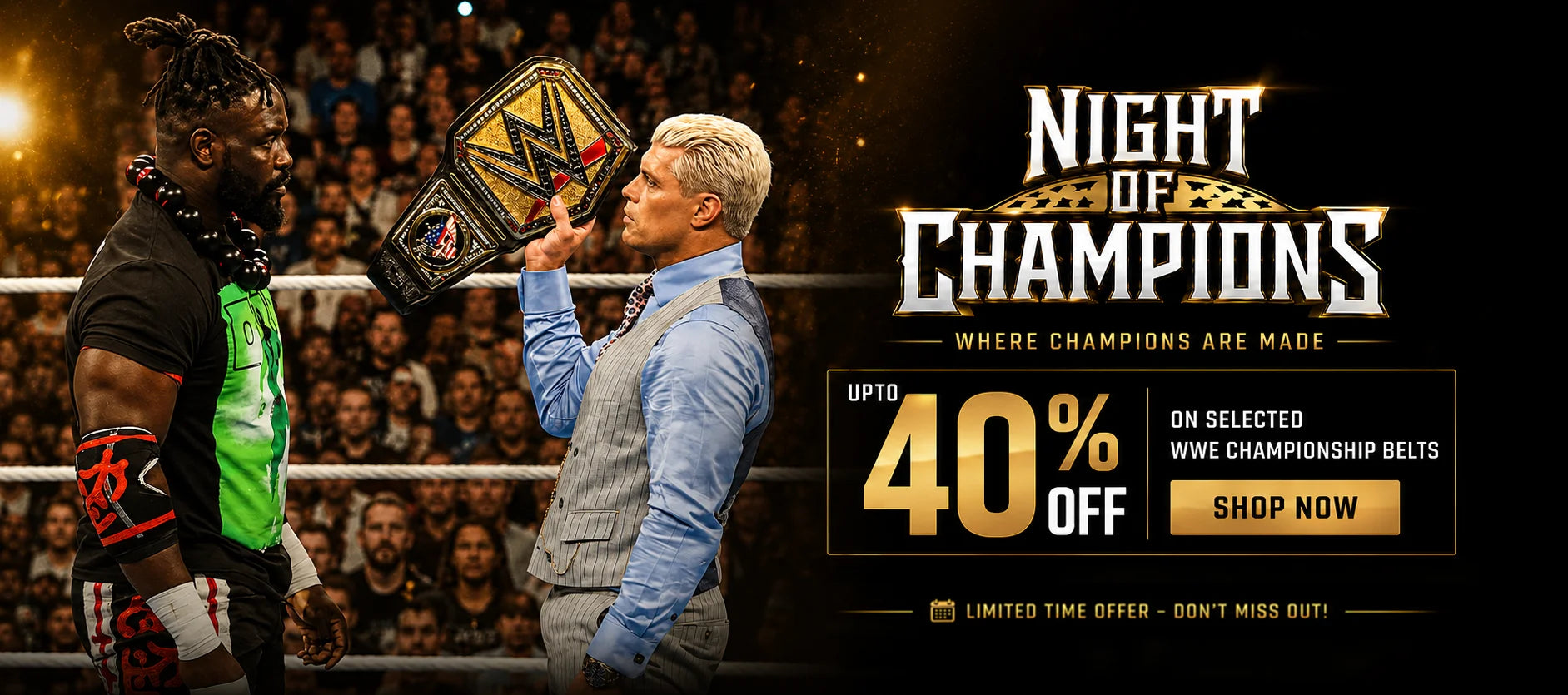 Night of Champions sale banner offering up to 40% off selected WWE championship belts.
