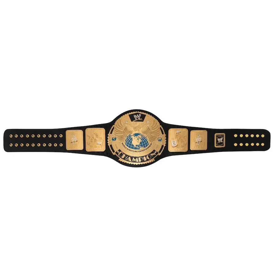 Gold WWE championship belt with black leather strap featuring a large central globe plate and side plates on a white background