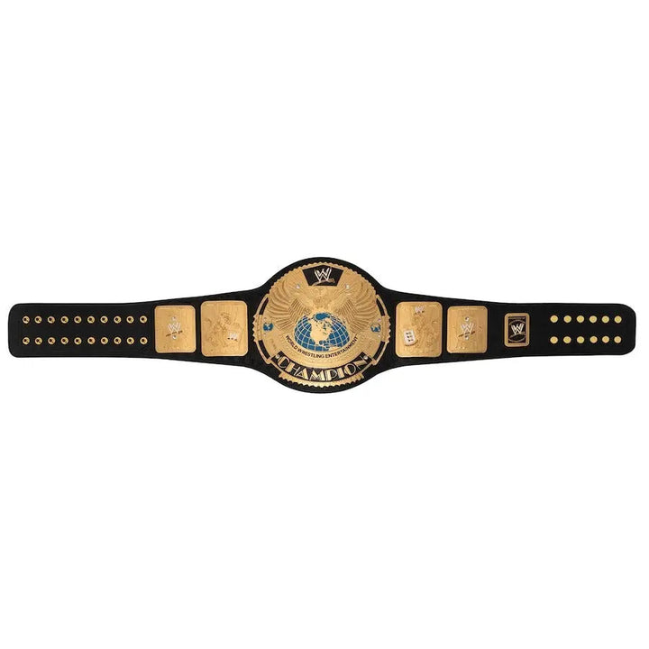 Gold WWE championship belt with black leather strap featuring a large central globe plate and side plates on a white background