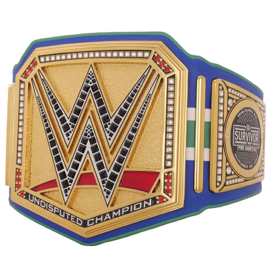 WWE Undisputed Championship belt with gold plate and blue strap featuring Survivor Series side plate