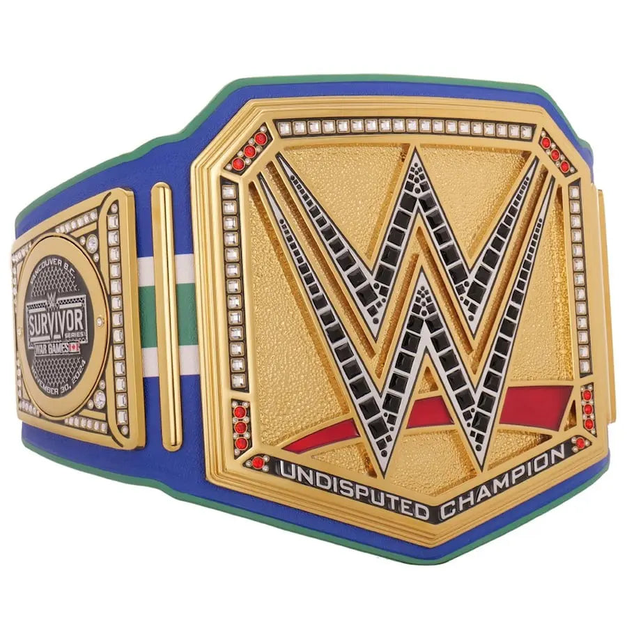 WWE Undisputed Championship belt with gold plate, blue strap, and Survivor Series side plate design