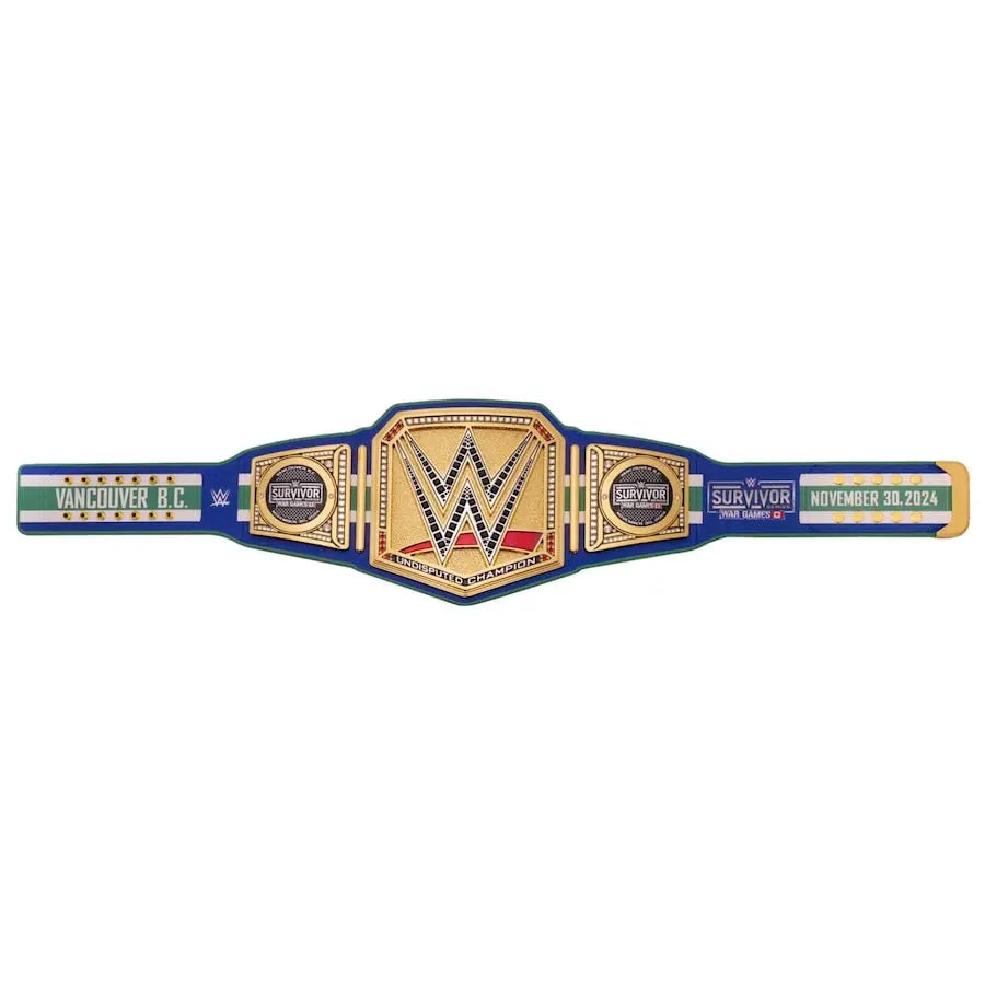 WWE Undisputed Championship belt with blue strap, gold plates, and Survivor Series Vancouver 2024 side details