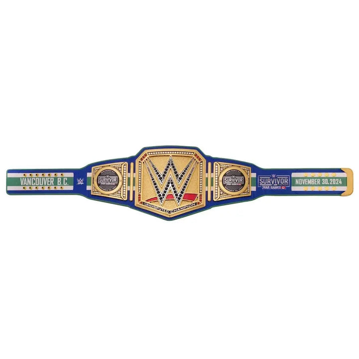 WWE Undisputed Championship belt with blue strap, gold plates, and Survivor Series Vancouver 2024 side details