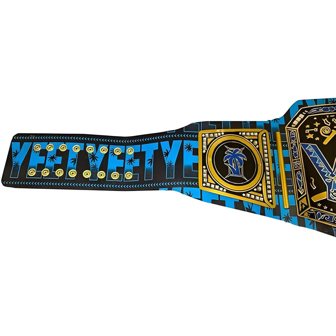 Blue and gold WWE World Heavyweight Championship replica belt featuring detailed side plates, bold lettering, and palm tree design on a clean white background.