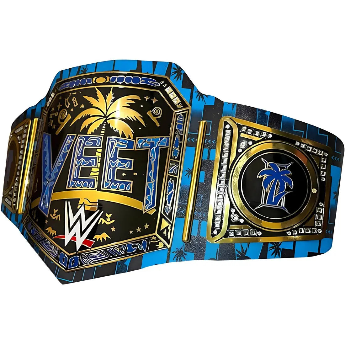 WWE World Heavyweight Championship replica belt featuring bold “YEET” text, black blue and gold design, palm tree graphics, and detailed side plates on a white background.