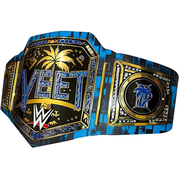 WWE World Heavyweight Championship replica belt featuring bold “YEET” text, black blue and gold design, palm tree graphics, and detailed side plates on a white background.