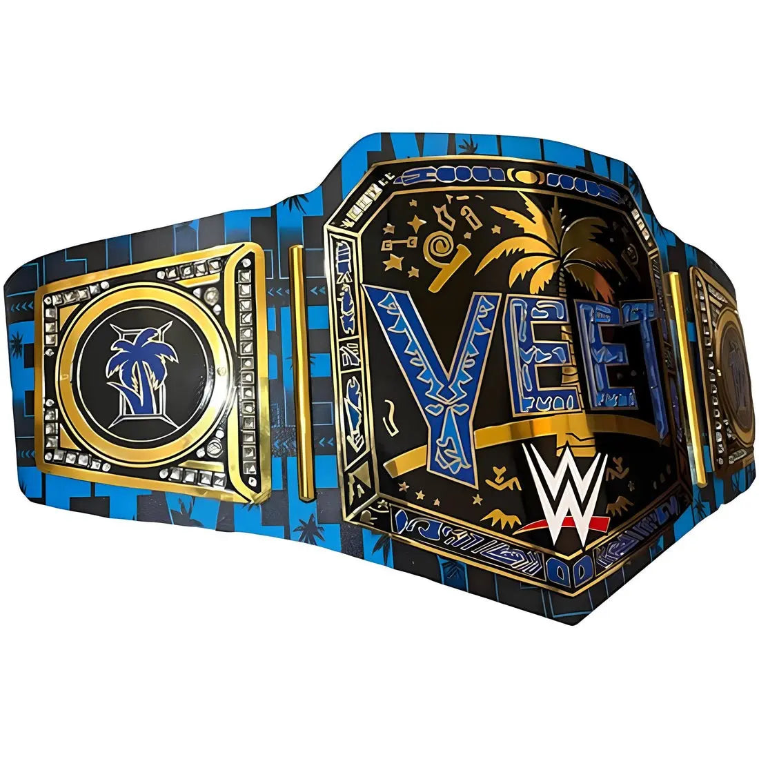 WWE World Heavyweight Championship replica belt in blue and gold with bold “YEET” lettering, palm tree graphics, and detailed side plates on a white background.