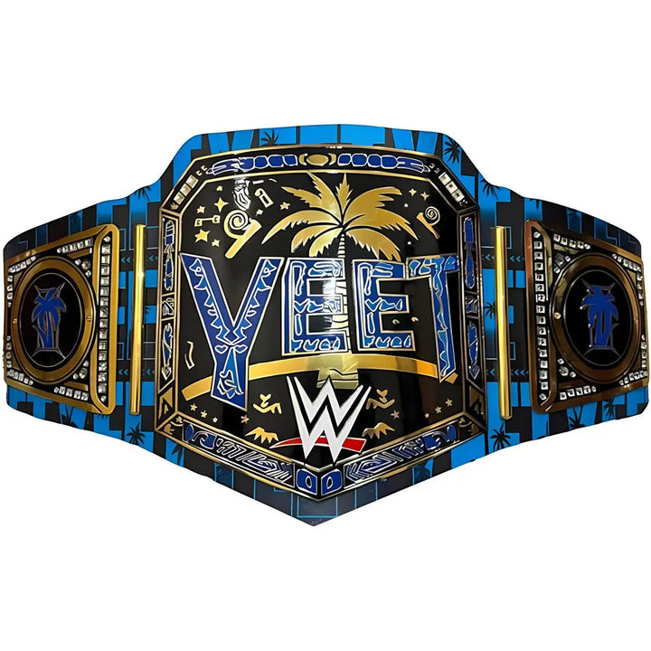 Custom WWE YEET championship belt with blue and gold design, palm tree graphic, bold lettering, and black strap with detailed side plates on white background