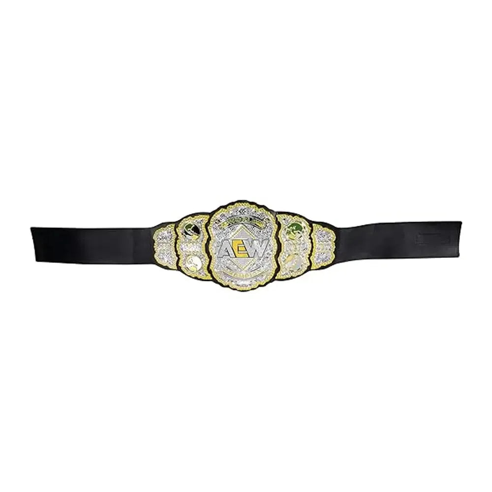 AEW championship belt replica with black strap and detailed silver and gold plates