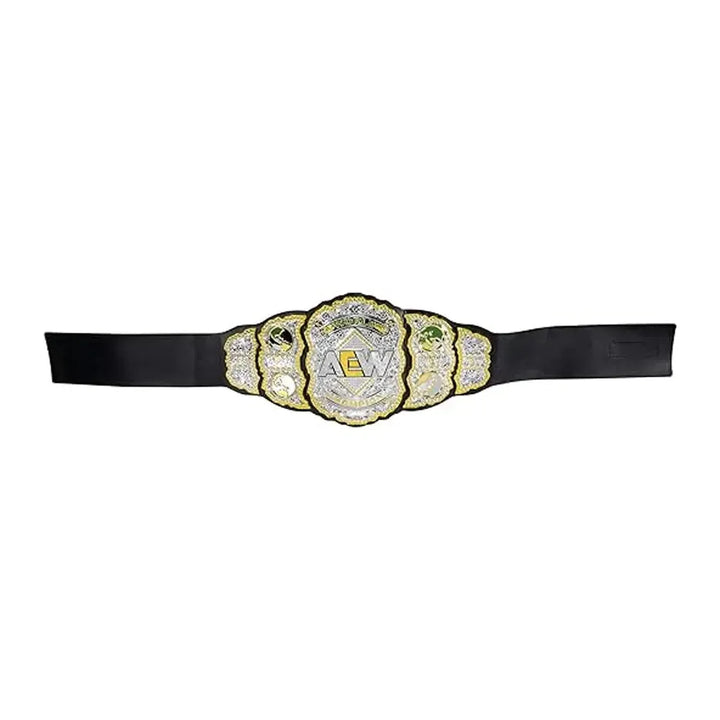 AEW championship belt replica with black strap and detailed silver and gold plates