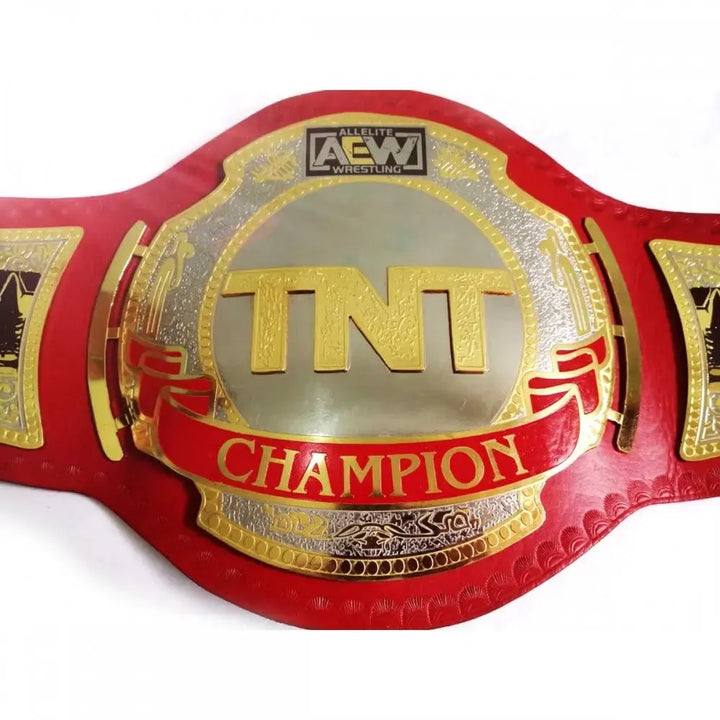 AEW TNT Championship replica belt with red strap and gold details from Championship Belts Online