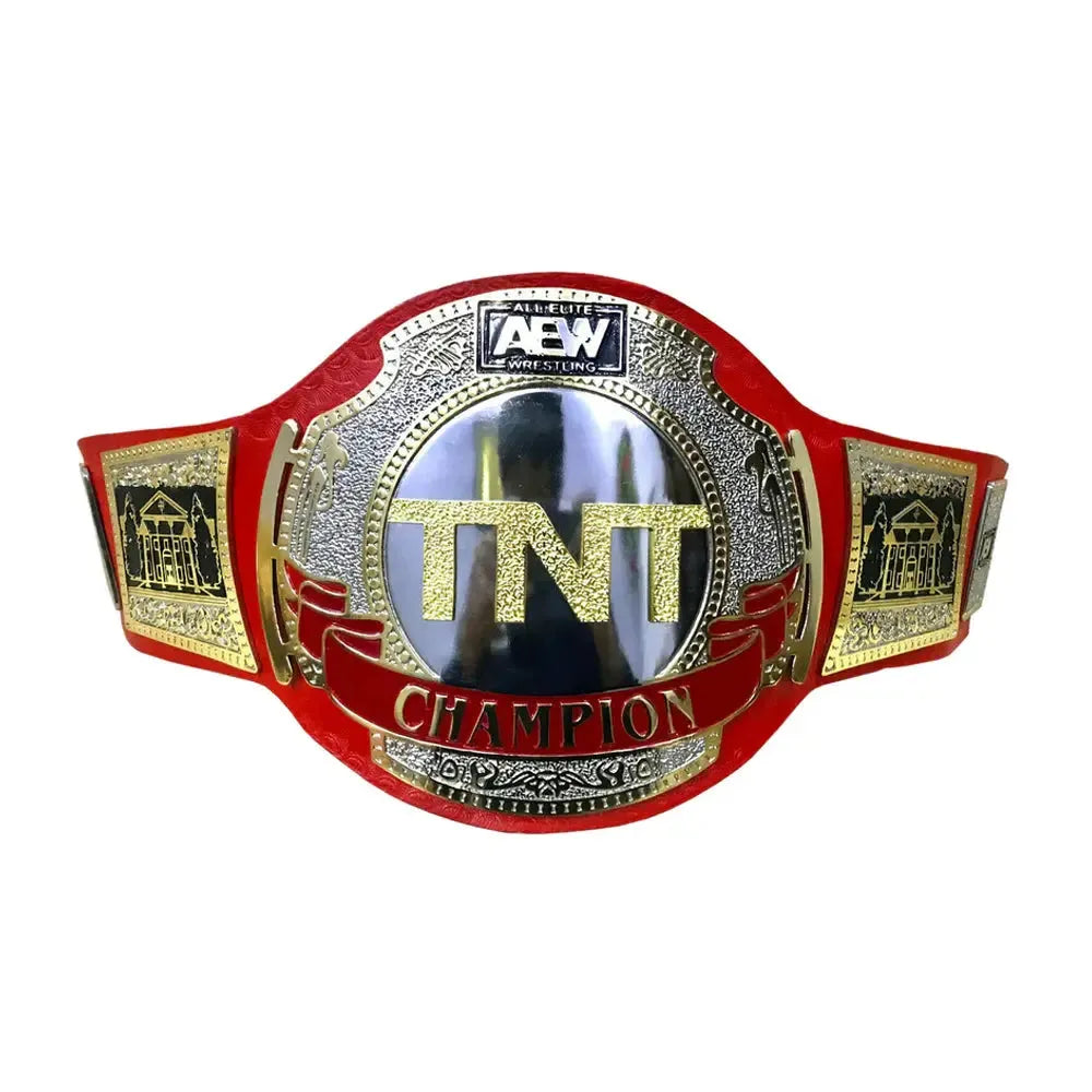 AEW TNT Championship replica belt with red strap and detailed gold and silver design