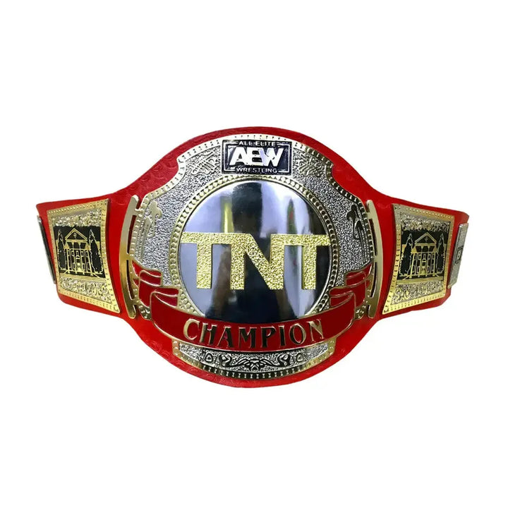 AEW TNT Championship replica belt with red strap and detailed gold and silver design