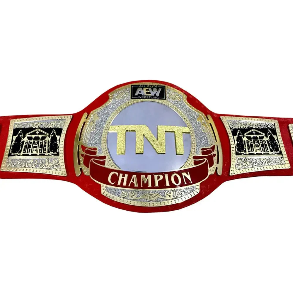 AEW TNT Championship replica belt with red strap and detailed silver and gold plating from Championship Belts Online