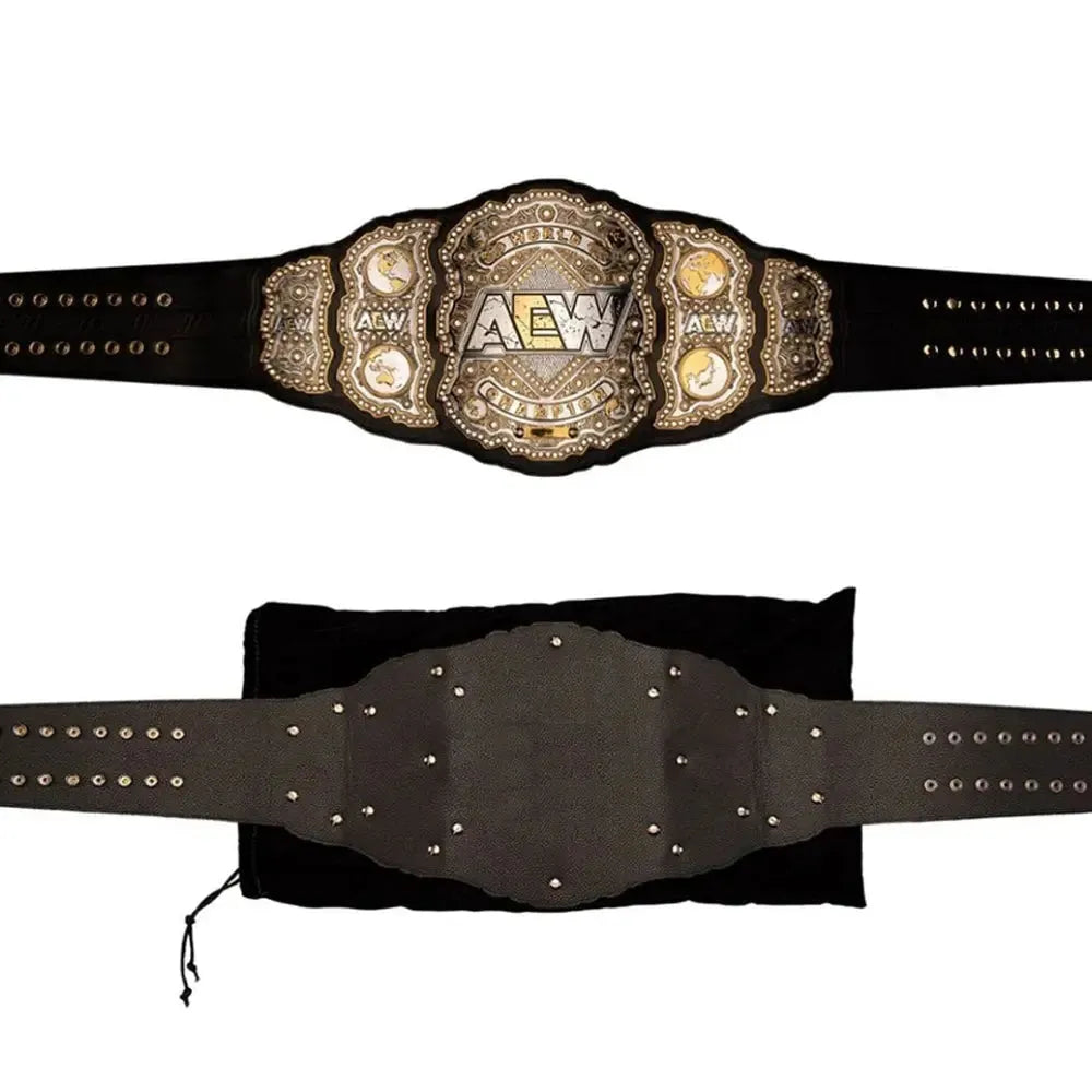 AEW World Championship belt replica by Championship Belts Online showing front and back design with black strap and gold details