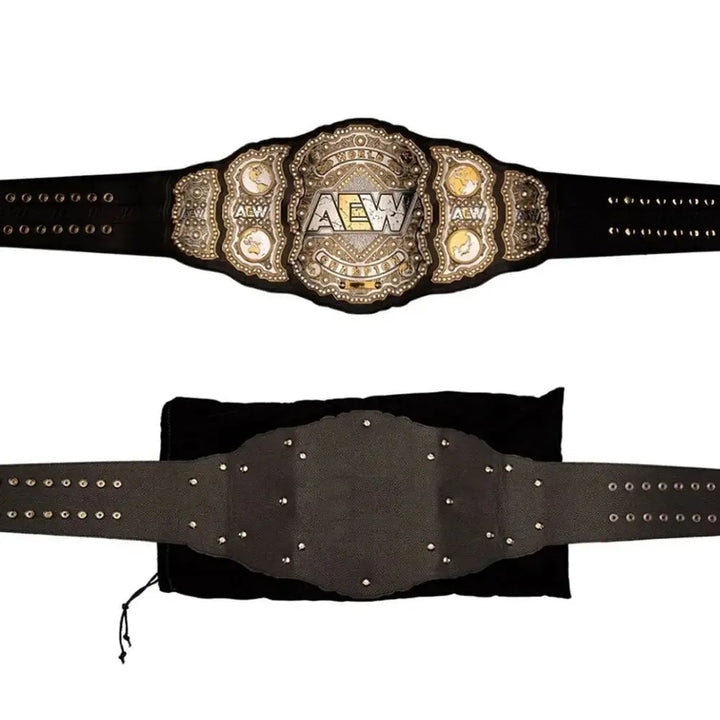 AEW World Championship belt replica by Championship Belts Online showing front and back design with black strap and gold details