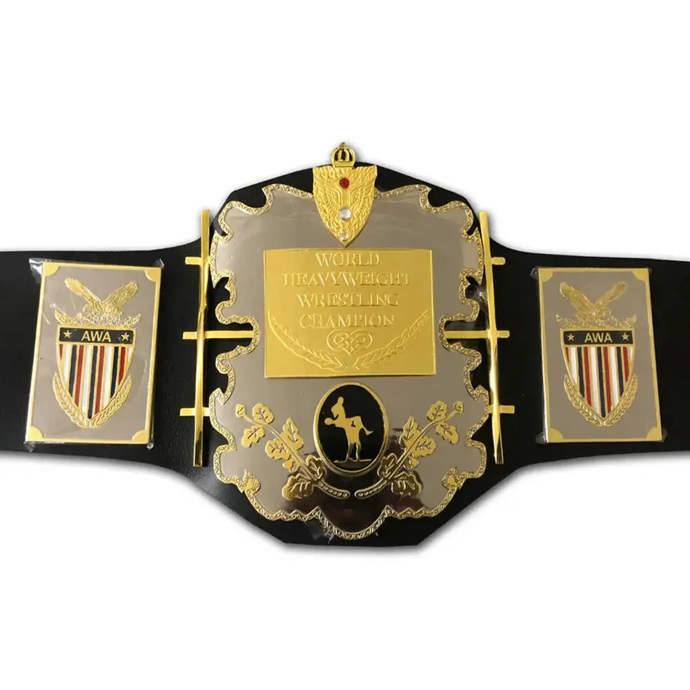 AWA heavyweight championship belt with gold and silver plates on black leather strap by Championship Belts Online