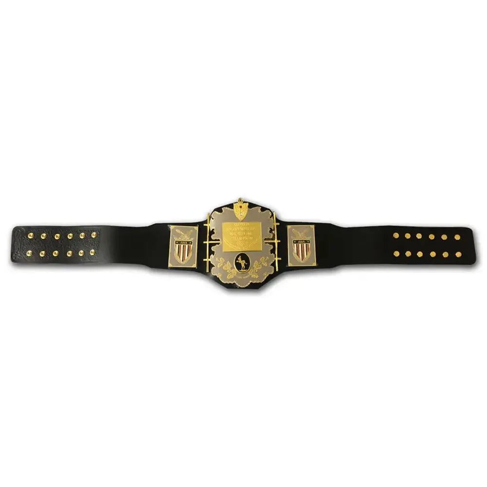 AWA heavyweight championship belt with black leather strap and gold plated center plate from Championship Belts Online