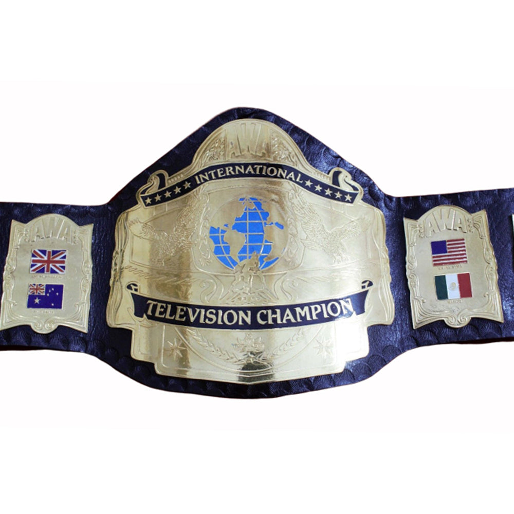 AWA International TV Championship Belt with gold plates and flags on black leather strap
