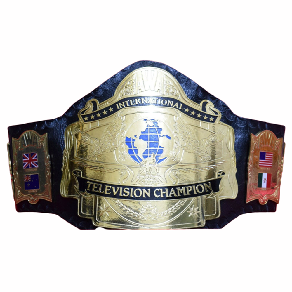 AWA International TV Championship Belt with gold plates and black leather strap from Championship Belts Online