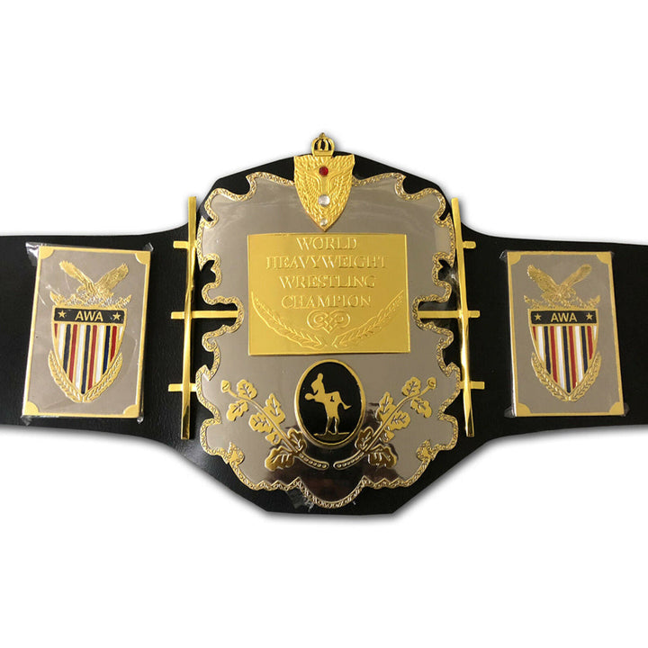 AWA World Heavyweight Championship belt with gold and silver plates on black leather strap