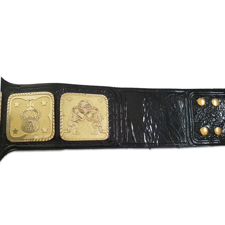 AWA World Tag Team Championship belt with gold plates on black leather strap by Championship Belts Online