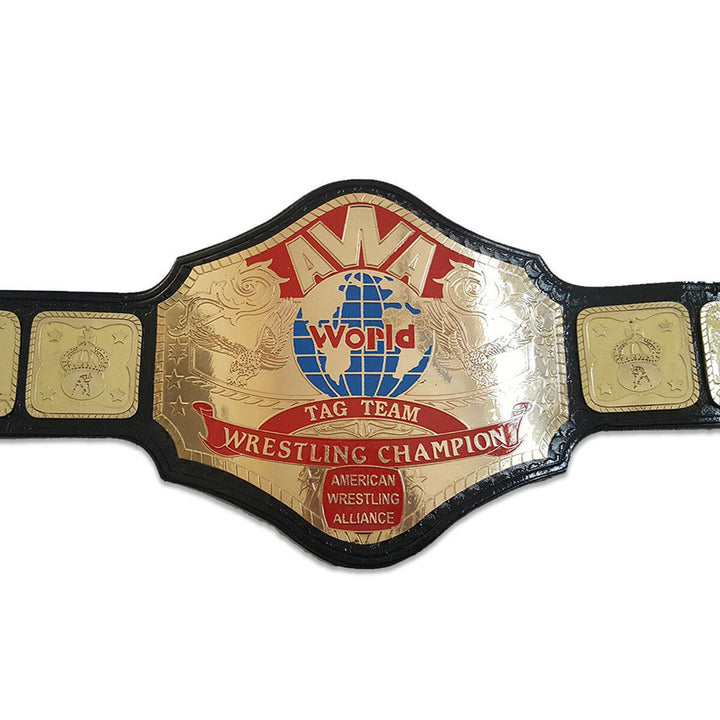 AWA World Tag Team Championship belt with gold plates and black leather strap from Championship Belts Online