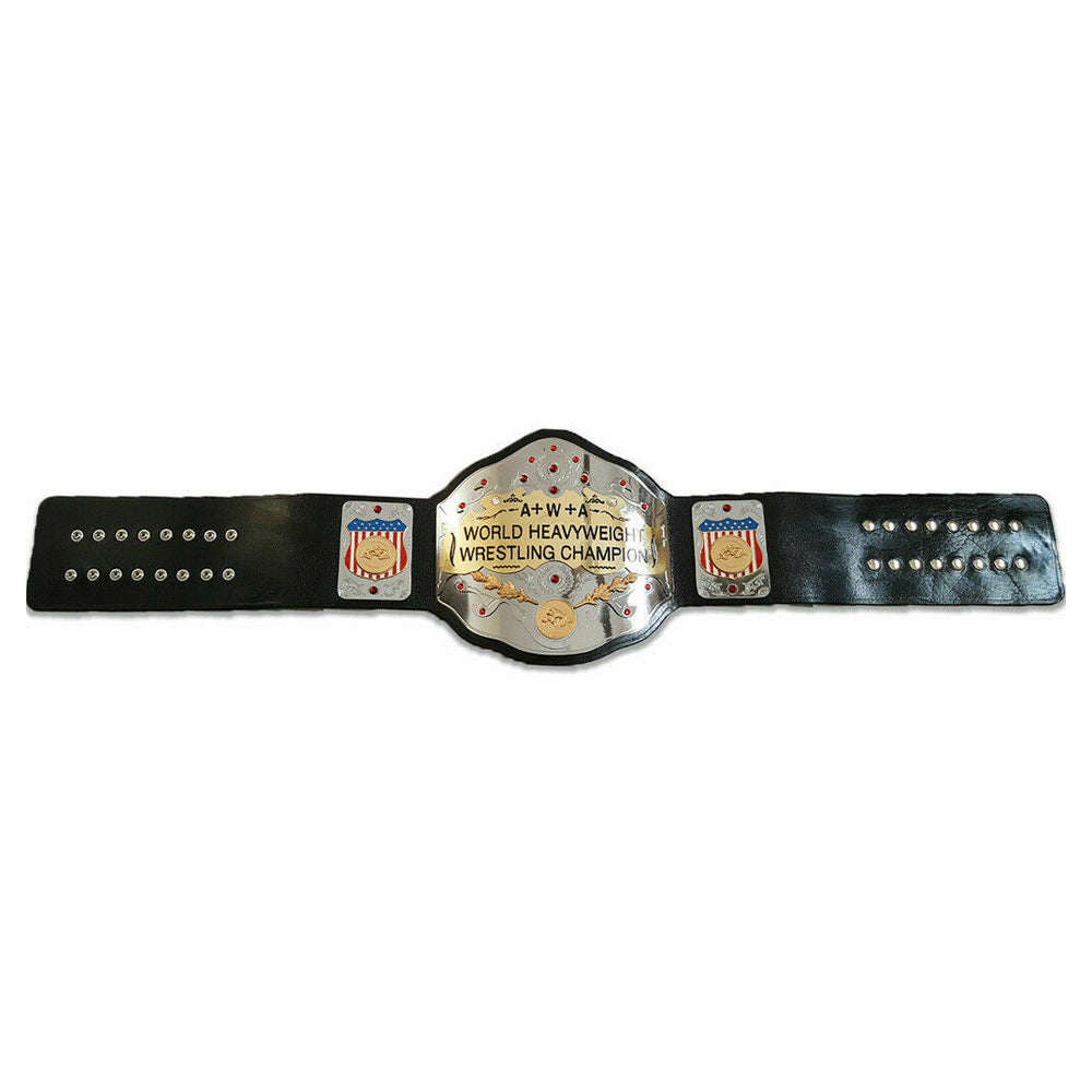 AWA World Heavyweight Championship belt with black leather strap and gold center plate