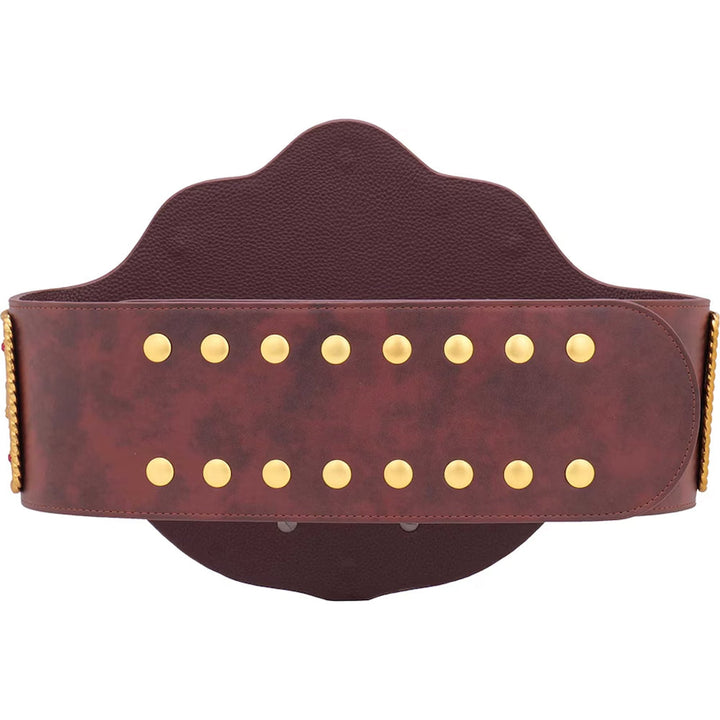 Back side view of big gold heavyweight championship belt with brown leather strap and gold studs