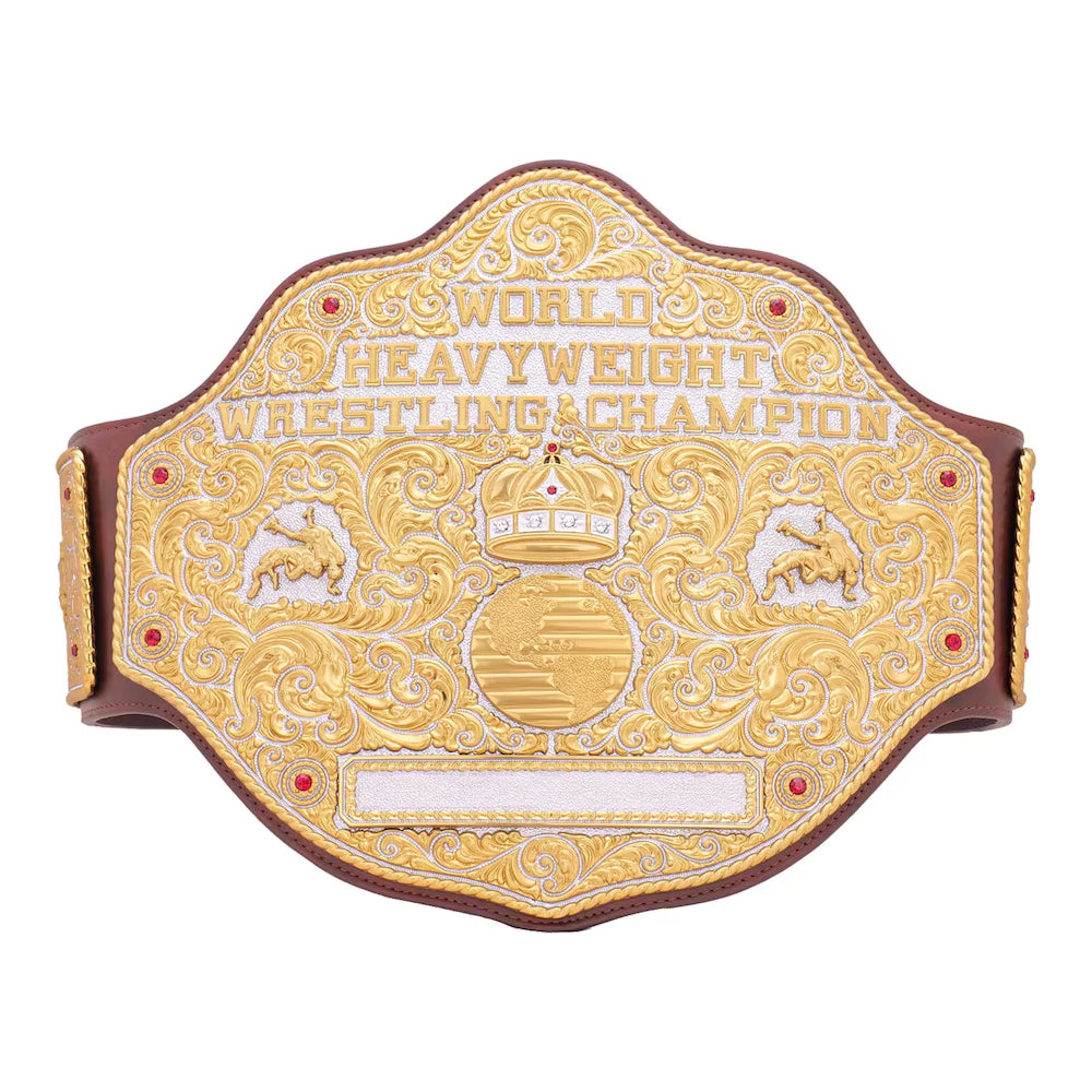 Big gold heavyweight championship belt with detailed gold plating and leather strap from Championship Belts Online