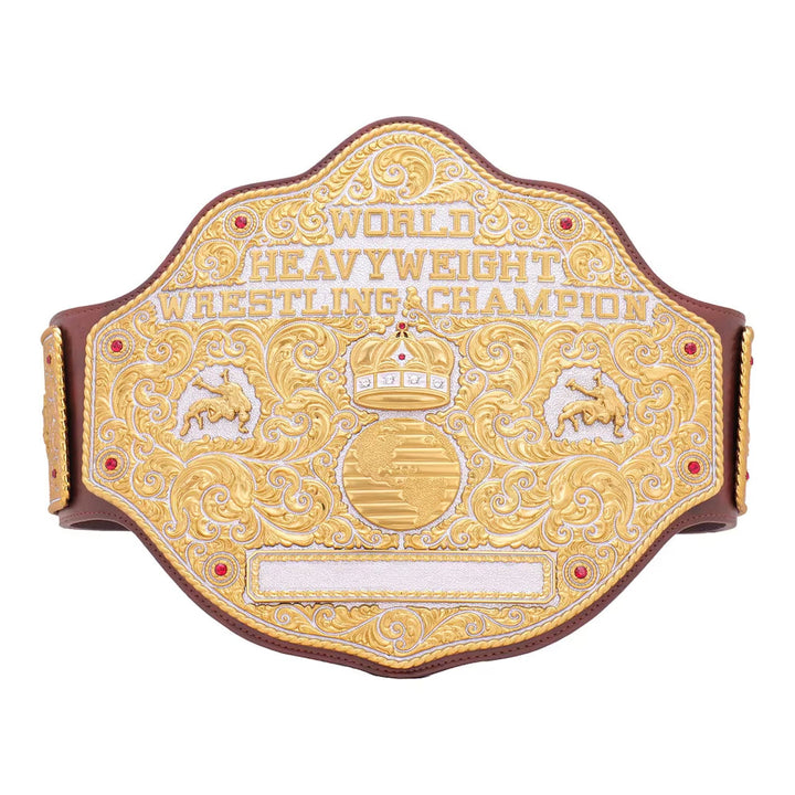 Big gold heavyweight championship belt with detailed gold plating and leather strap from Championship Belts Online