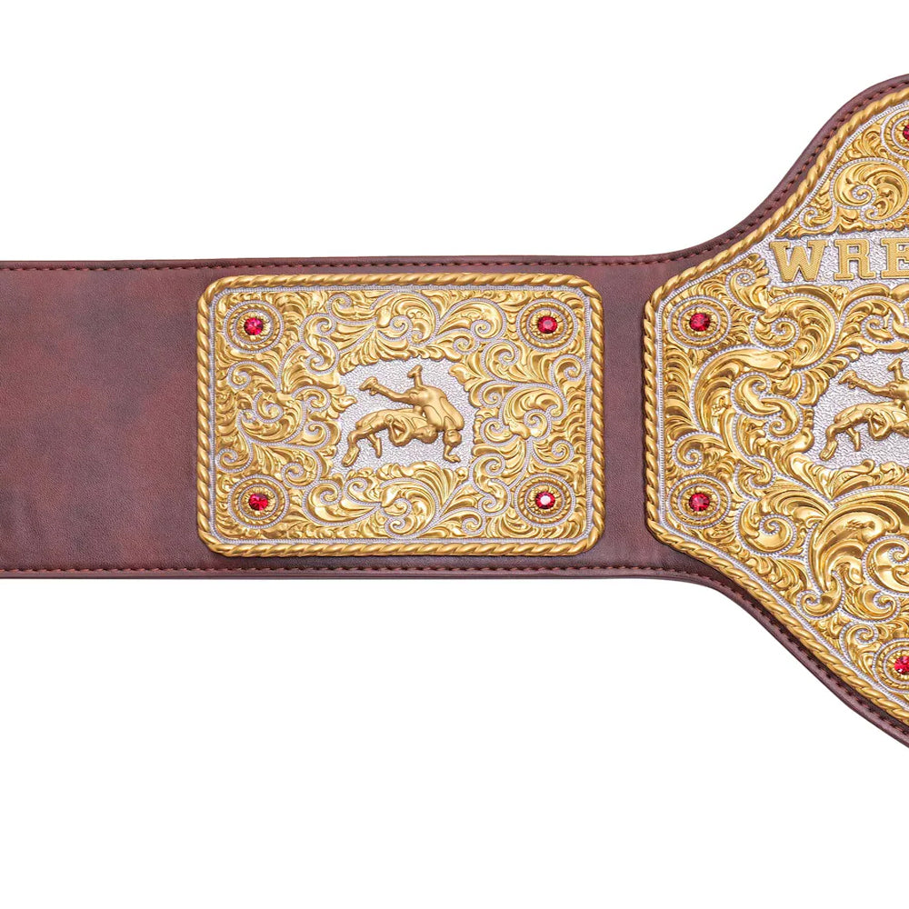 Detailed side plate of big gold heavyweight championship belt with intricate gold design and red accents