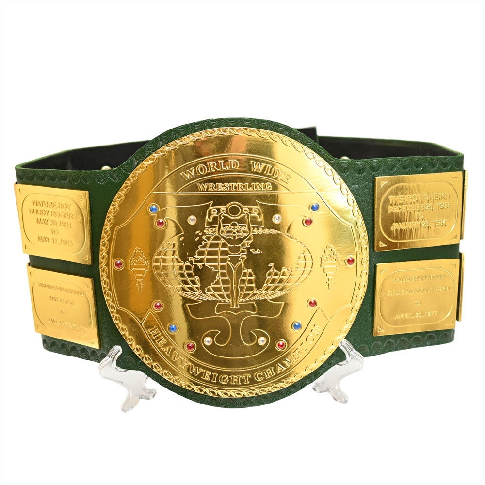 Big Green Belt WWE replica championship belt with gold plates and green strap by Championship Belts Online