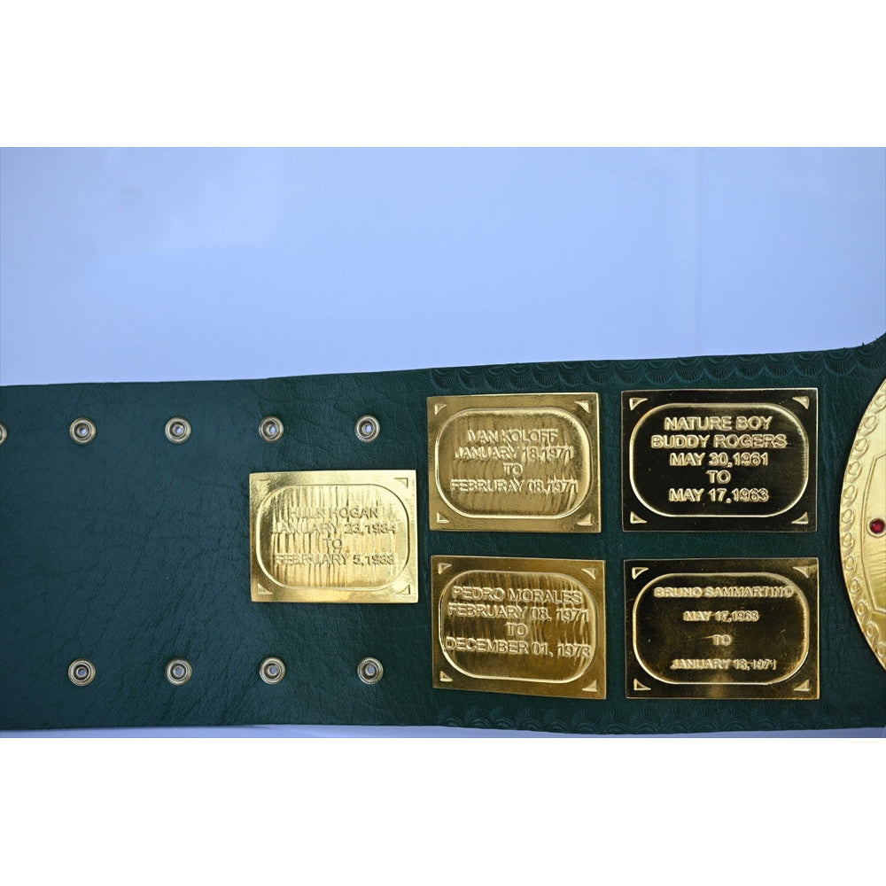 Big Green Belt WWE replica championship belt with detailed gold plates and green strap from Championship Belts Online