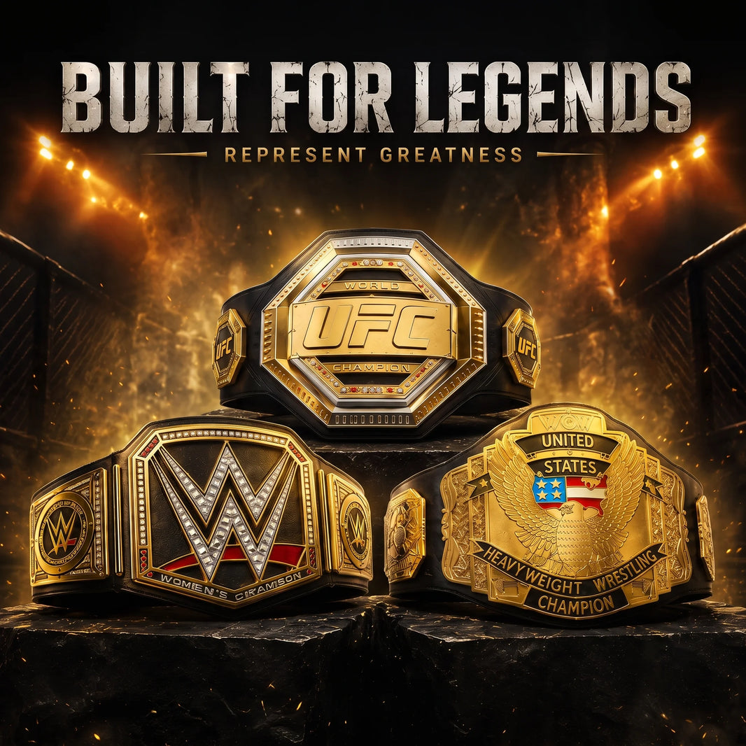 WWE, UFC and Big Gold Championship Replica Belts displayed with the Built for Legends promotional banner.
