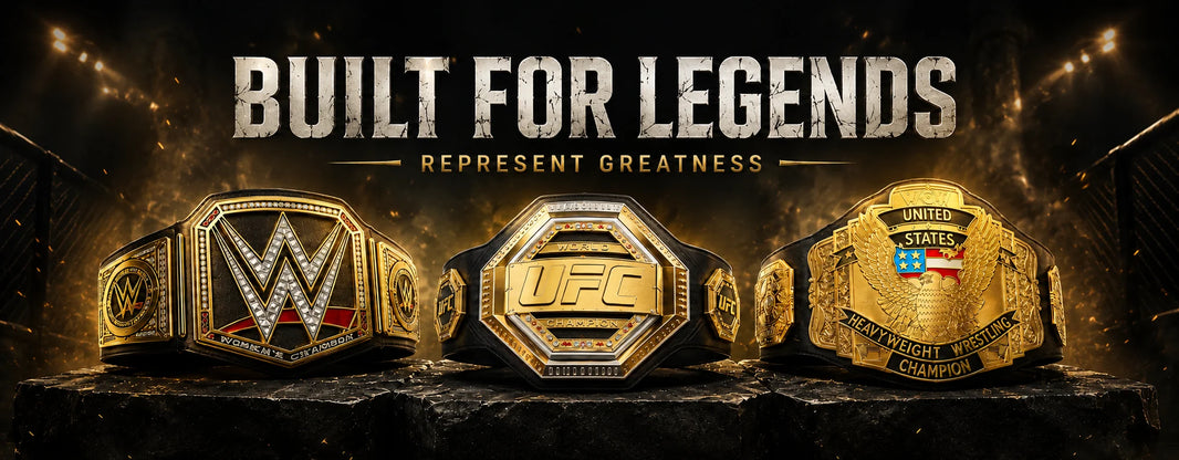 WWE, UFC and Big Gold Championship Replica Belts displayed with the Built for Legends promotional banner.