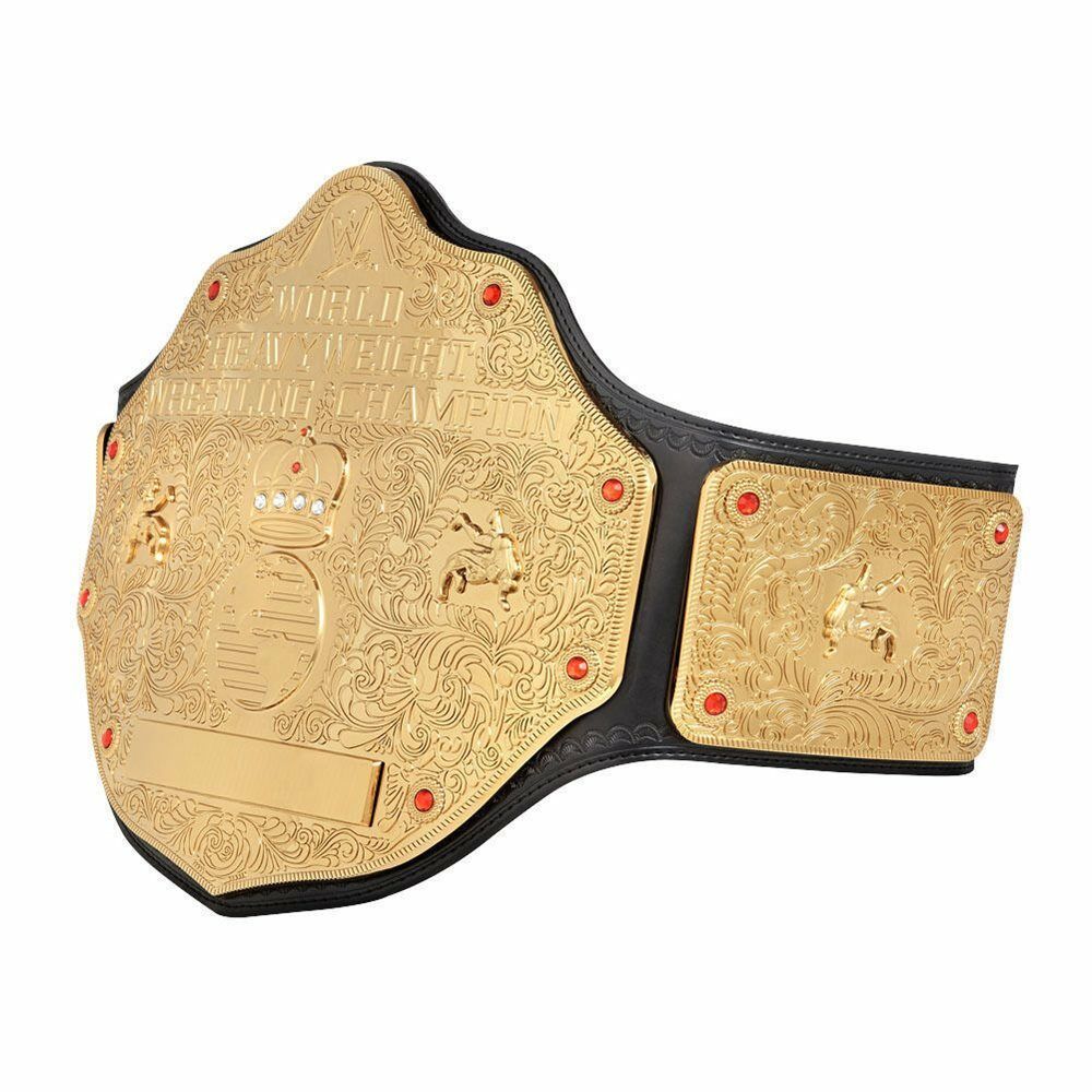 Classic Big Gold wrestling belt replica with detailed gold plates and black leather strap by Championship Belts Online