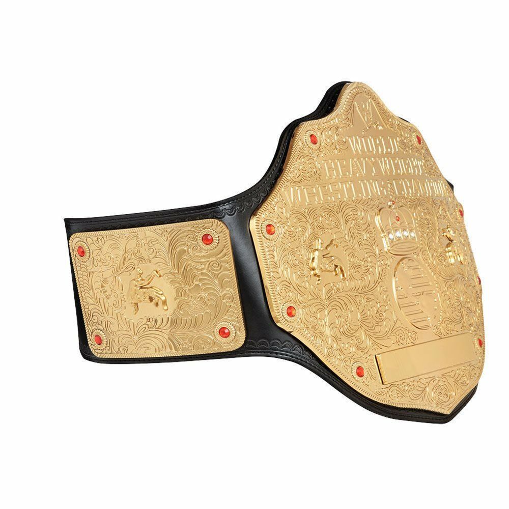 Classic Big Gold wrestling belt replica with detailed gold plates and black leather strap from Championship Belts Online