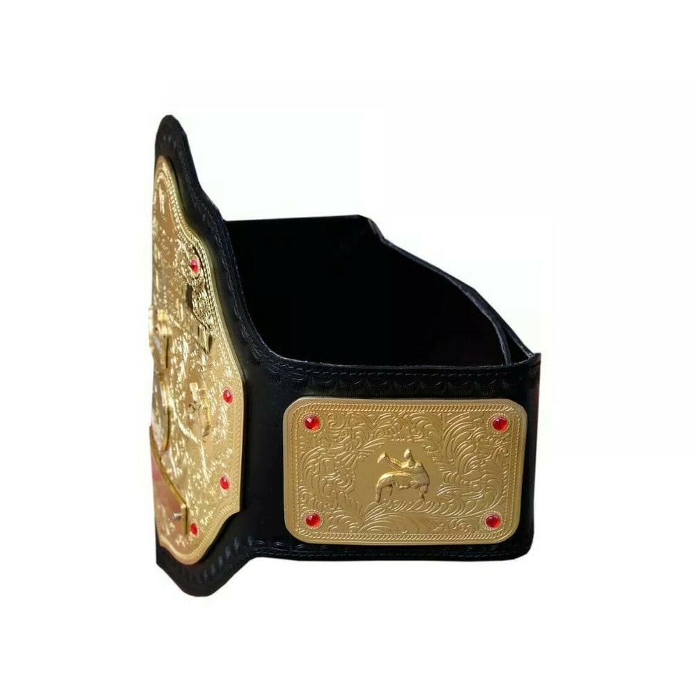 Classic Big Gold wrestling belt replica with detailed gold plates and black leather strap