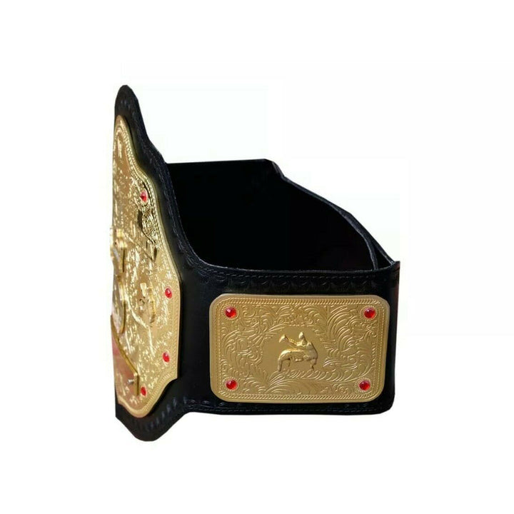 Classic Big Gold wrestling belt replica with detailed gold plates and black leather strap