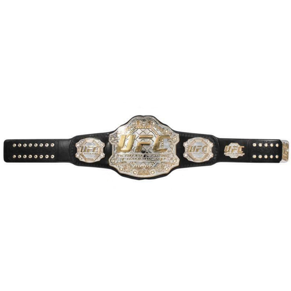 Classic UFC title belt for sale with detailed gold plates and black leather strap from Championship Belts Online
