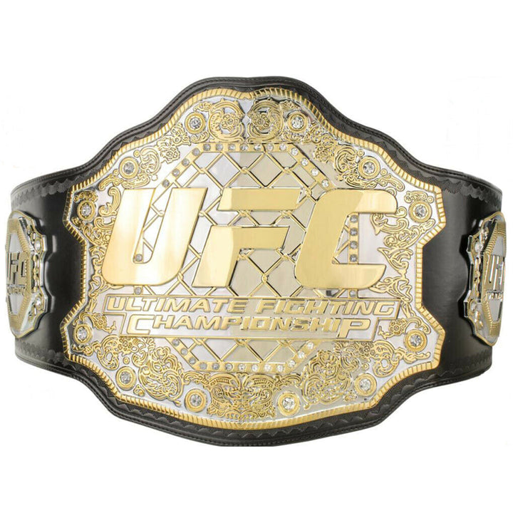 Classic UFC title belt for sale featuring gold plating and detailed design with black leather strap
