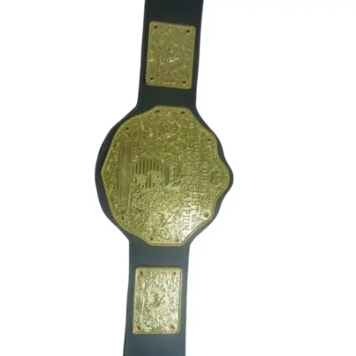 Full-plate assembly of the Heritage Gold title belt, showcasing the main central plate and matching side plate design.