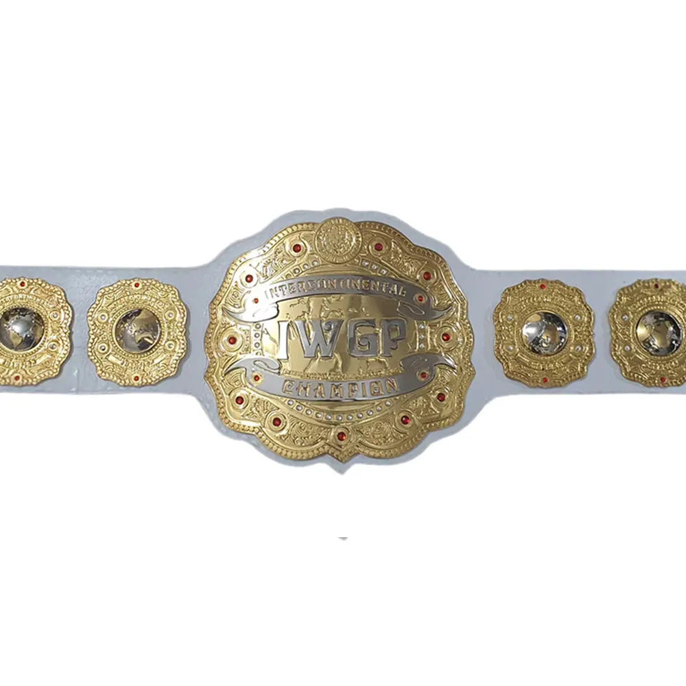 IWGP championship belt for sale with gold plates and white strap from Championship Belts Online