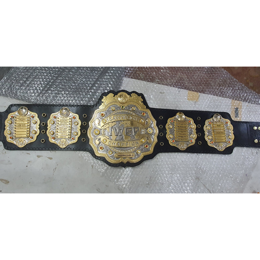 IWGP Heavyweight Championship replica belt with gold plates and black leather strap from Championship Belts Online