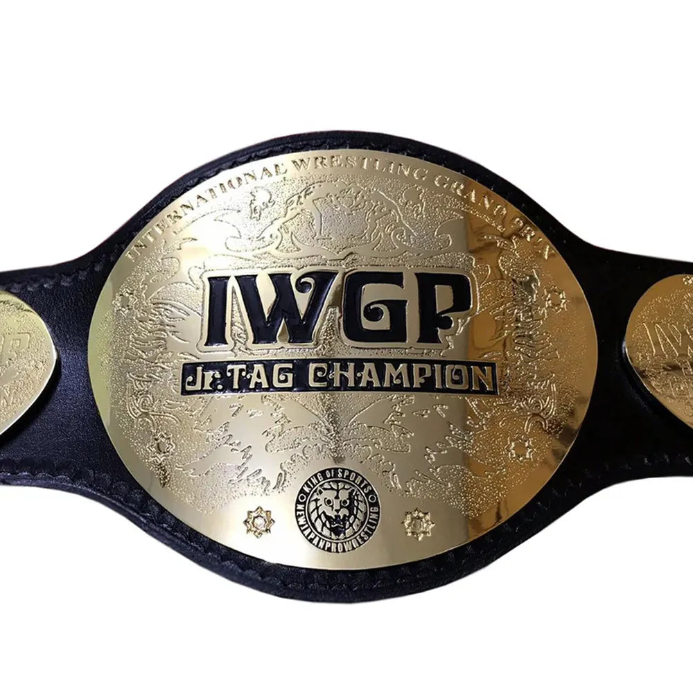 IWGP Jr. Tag Championship replica belt with gold center plate and black leather strap by Championship Belts Online